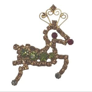 Hobe Vintage Christmas Reindeer Brooch Pin Gold Tone green red brown rhinestone